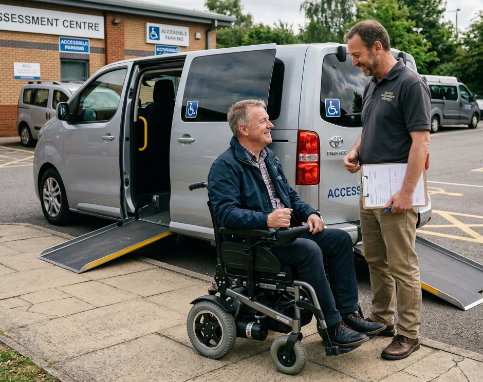 Man in wheelchair speaking with an accessibility transport driver beside a ramp-equipped van