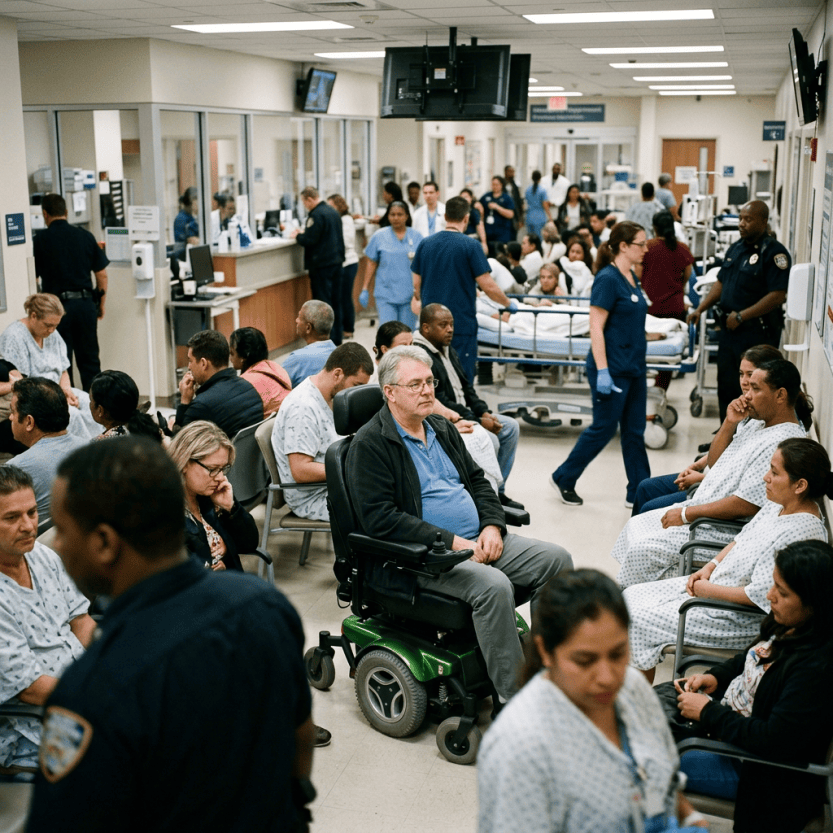 Crowded hospital emergency department with patients, staff, and a wheelchair user